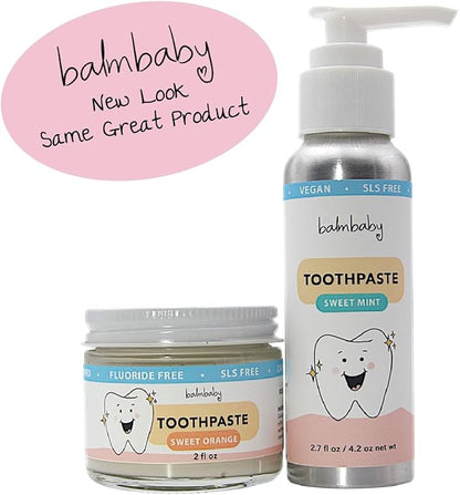 Kids All Natural Fluoride Free Toothpaste by Balm Baby Brand – SLS Free Toothpaste with Xylitol, Vegan, Gluten Free, BPA Free, Glass Jar Zero Waste Children’s Teeth Paste (Mint & Orange)