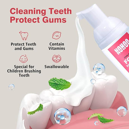 NOHOO Kids Foam Toothpaste with Fruit Flavor,Fluoride Free Natural Formul, Foam Toothpaste for Electric Toothbrush,Suitable for Toddler's Oral Cleaning and Cavity Prevention (2Strawberry+2Cantaloupe)