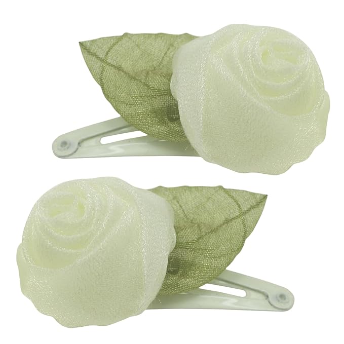 Off white Organza Rose Flower Snap Clips for little Girls -2Pcs