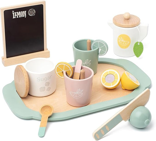 Wooden Tea Party Set for Little Girls Toys, Pretend Play Kids Tea Set for Toddlers Wood Toys, Wooden Play Food Kitchen Accessories Sets for Kid (Lemon Tea)