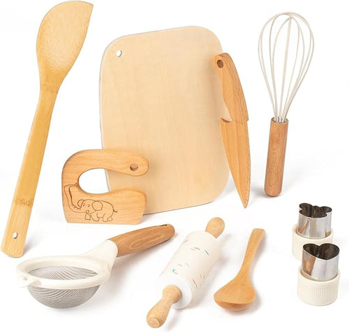 Wooden Kids Safe Knife and Kids Baking Set for Real Cooking, 10 Pcs Montessori Kitchen Tools,Toddler Knife Set Ideal for Cooking and Baking