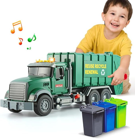 15" Garbage Truck Toy,Dump Friction Powered Waste Management Recycling Trash Truck with Lights &Sounds 3 Trash 3 +