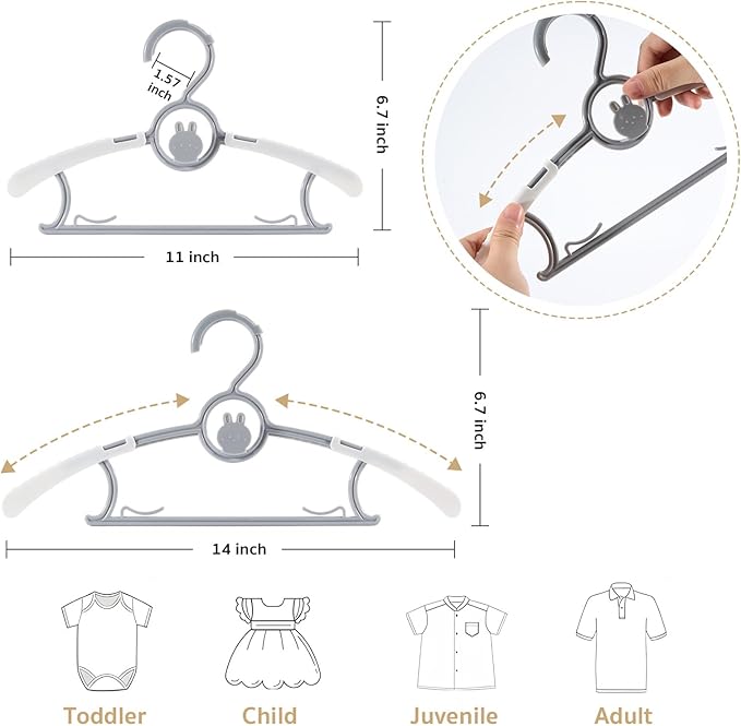 80 Pack Baby Closet Hangers Kids Clothes Hangers Adjustable (Mix Colors) with Windproof Buckles, Extendable 11"-14" Baby Hangers for Kids Child Newborn Toddler Stackable & Space-Saving