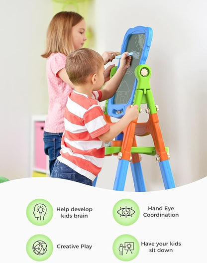 YOHOOLYO Kids Easel Standing Art Easel for Kids, Double Sided Magnetic Chalkboard Whiteboard Dry Eraser Board Great Gift for Girls and Boys