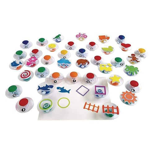 Colorations Easy Knob Grip Stamper Mega Jumbo Pack for Kids, 40 Stampers, 3" x 3", Storytelling, Card Making, Decorating, Pictures, Nature, Vehicles, Shapes, Animals