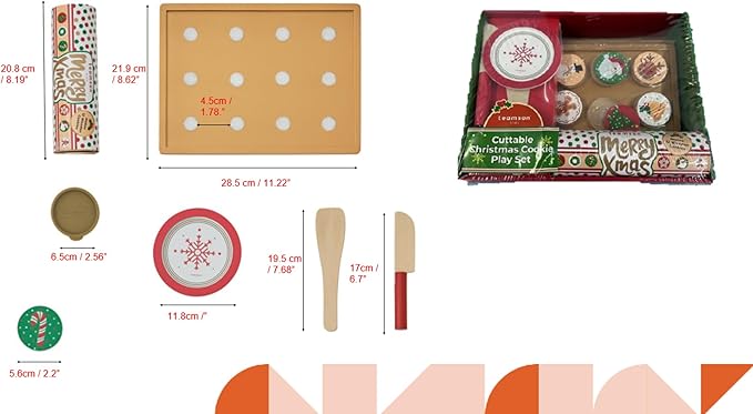 Teamson Kids Cuttable Christmas Cookie Play Wooden Food Set with Sliceable Cookies, Decorations, and Cookie Sheet - for 3 yrs. and up - Multi