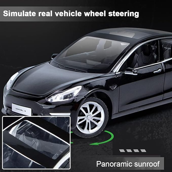 1:24 Scale Tesla Model 3 Alloy Car Model Diecast Toy Vehicles for Kids, Tesla car Model，Pull Back Alloy Car with Lights and Music