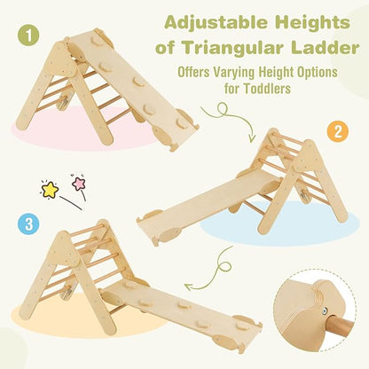 Costzon Climbing Toys for Toddlers, 5 in 1 Foldable Montessori Wooden Arch Climber Ladder with Sliding Ramp, Multi-Combination Methods, Kids Triangle Climber Play Gym Set for Boys Girls Present