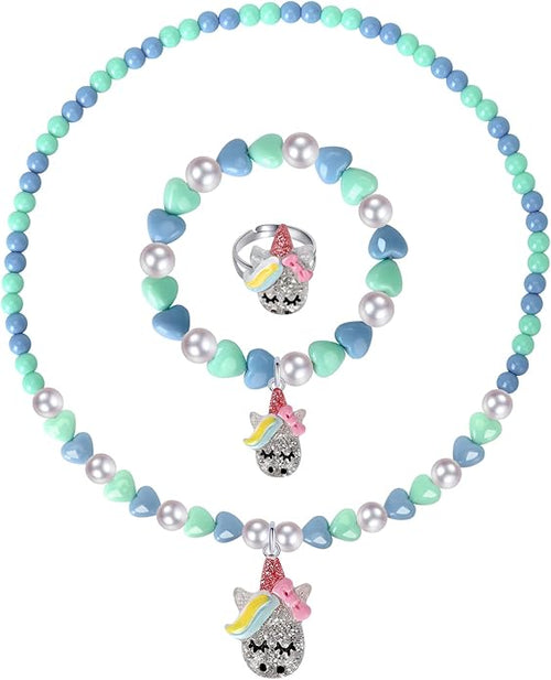 Unicorn Jewelry Set, Kids Unicorn Jewelry for Girls Included Necklace Bracelet Ring, Little Girl Jewel Necklace Set Cute Toddlers Unicorn Pendant,Pretend Dress up Jewelry Gift