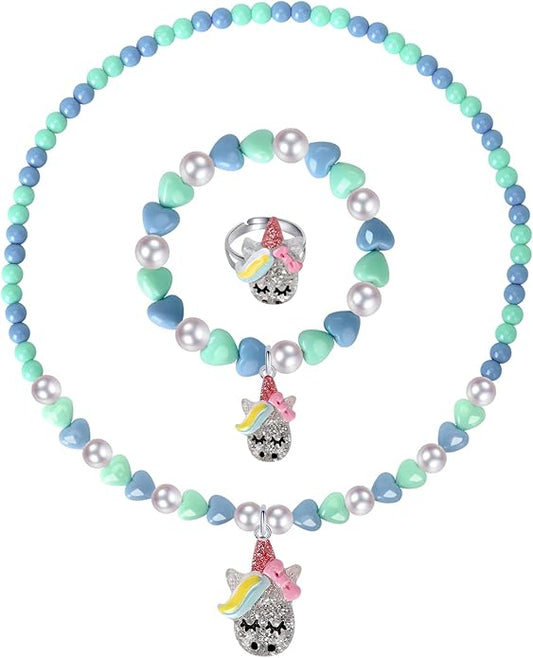 Unicorn Jewelry Set, Kids Unicorn Jewelry for Girls Included Necklace Bracelet Ring, Little Girl Jewel Necklace Set Cute Toddlers Unicorn Pendant,Pretend Dress up Jewelry Gift