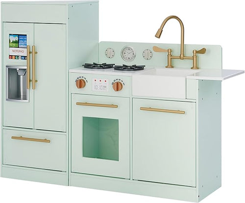Teamson Kids Little Chef Charlotte Kids Play Kitchen, Wooden Kitchen Playset for Toddlers with Accessories, Pretend Ice Maker, Modular Design, & Storage Space, Mint/Gold, Gift for Ages 3+