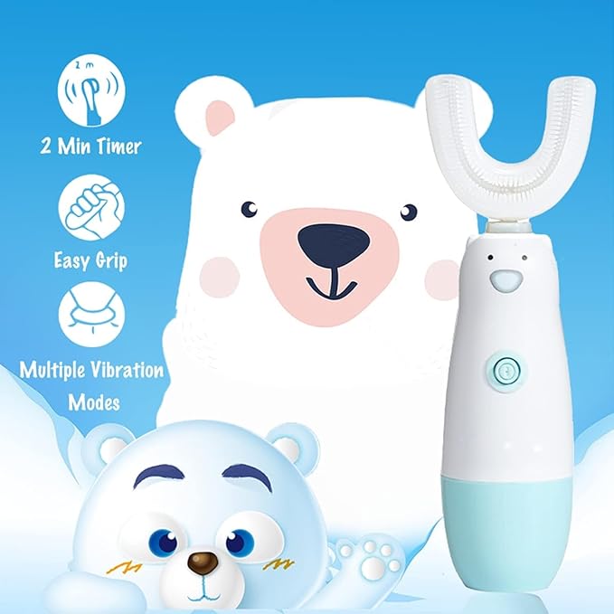 Kids Electric Toothbrush，6 Cleaning Models Toddler Toothbrush Waterproof Battery Powered 360 Automatic Sonic u Shaped Toothbrushes for 2-7 Years Old for Boys Girls（Blue）
