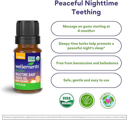 Wellements Organic Nighttime Baby Tooth Oil. Soothing Massage Oil 0.5 Fl 4 Months