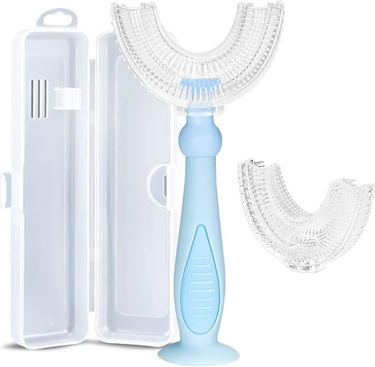 Kids U Shaped Toothbrush with Travel Case,Childrens Tooth Brush for Whole Mouth. Blue, Ages 2-6 Year