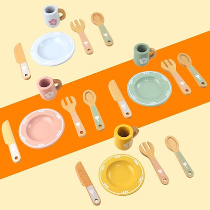 Wooden Play Kitchen Accessories, Play Plates and Cups for Kids Kitchen, Play Dishes for Kids Kitchen, Play Pots and Pans for Toddlers Boys and Girls 3 4 5 6