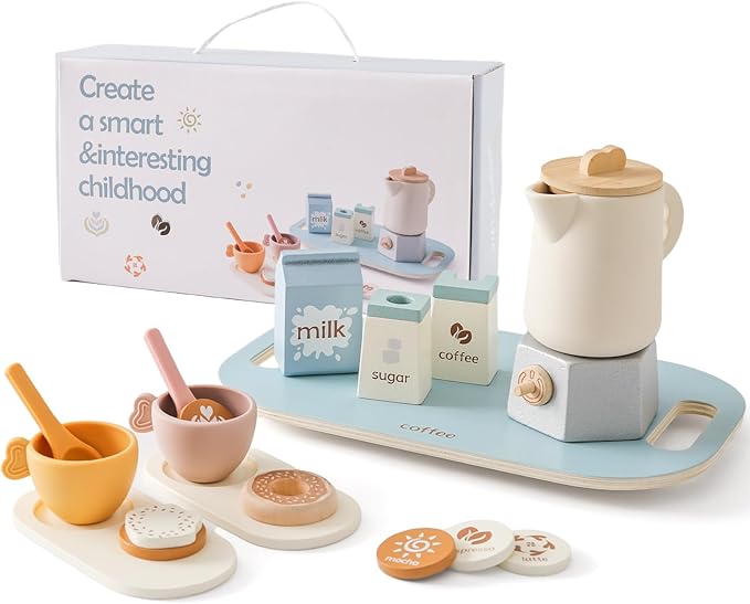 Tea Party Set for Kids, Wooden Tea Set for Little Girls and Boys, Kids Play Kitchen Accessories Toy Tea Set for Toddler, Pretend Play Toddler Tea Set Ideal Gift (Light Blue Coffee Tea Set)