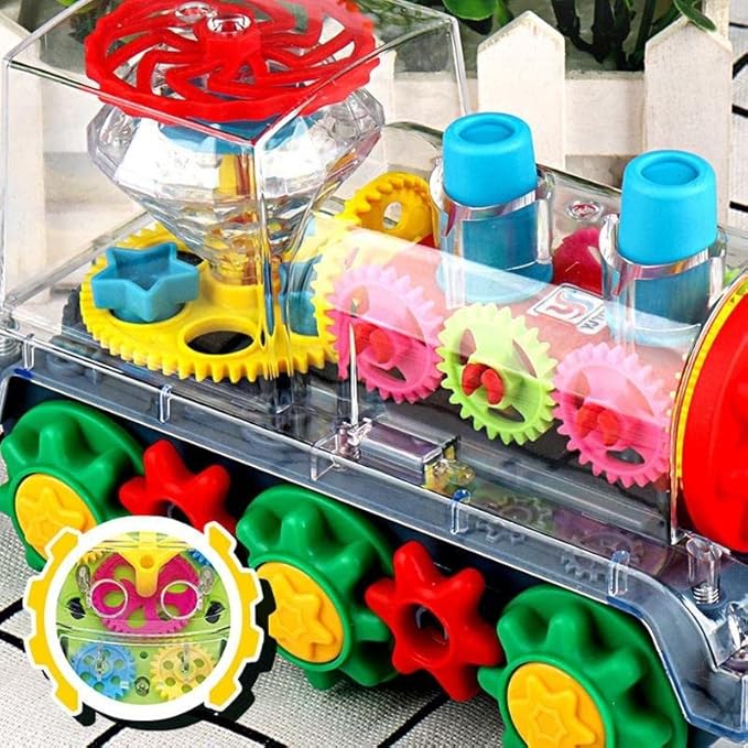 Nenekal Electric Transparent Gear Train Toy with Flashing Lights and Music, 360 Rotation 3+