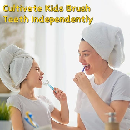 YOTEE U-Shaped Toothbrush Kids 2 PCS - Toddler Toothbrush with Food Grade Soft Silicone Brush Head, Manual Whole Mouth Toothbrush for Kids Age 6-12(Blue+Pink), 360° Oral Teeth Cleaning