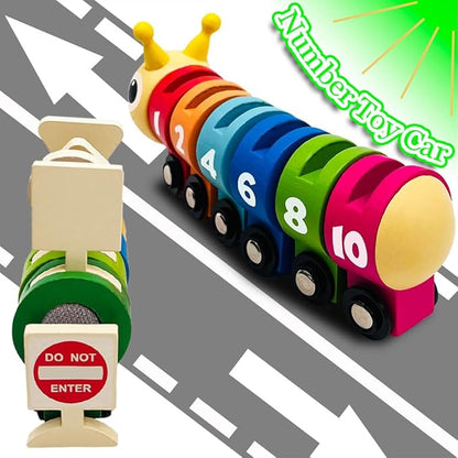 Montessori Toys for 3 Year Old, Wooden Caterpillar Number Train Set Toys with Street Signs 4 Year 3, Birthday 3
