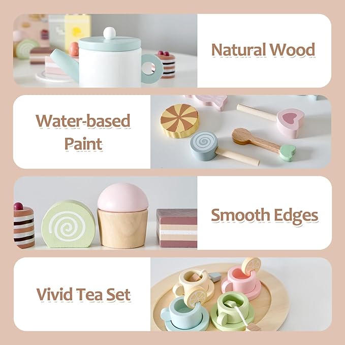 Wooden Tea Party Set for Little Girls, 30 PCS Wooden Tea Set for Toddlers 3-5, Pretend Play Kids Wood Tea Set Toy, Play Kitchen Accessories with Play Food, Improve Imagination