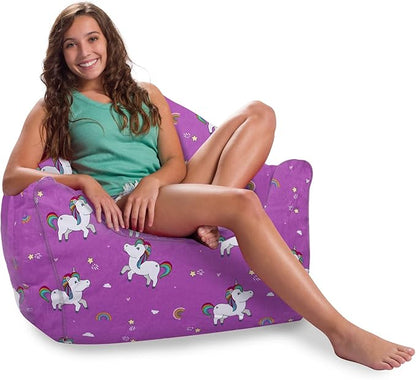 Posh Creations Bean Bag Chair Structured Seat for Kids, Teens and Adults, Comfy Bean Bag Chair for Gaming, Reading and Watching TV, Malibu Lounge Chair, Canvas - Unicorn and Rainbows on Purple