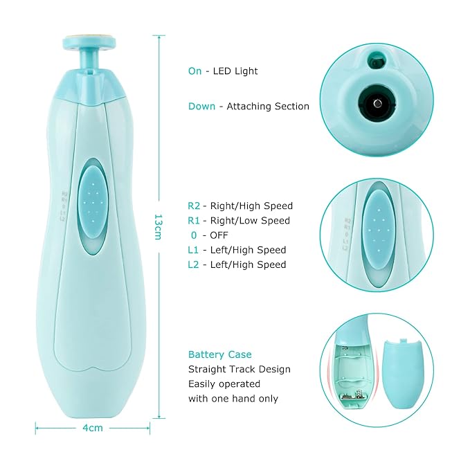Baby Nail Trimmer Electric, Lupantte Safe Baby Nail File, Baby Nail Clippers with Light and 6 Grinding Pads for Newborn Infant Toddler or Adults Toes and Fingernails, Kids Nail Care, Polish and Trim