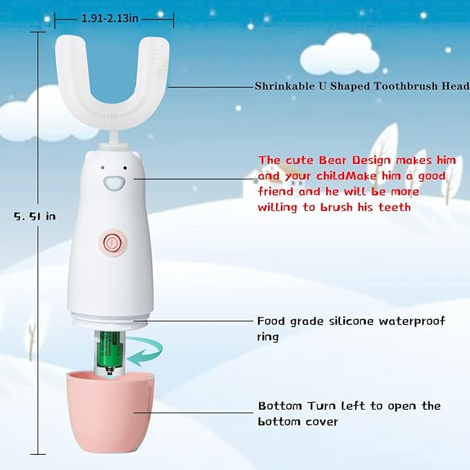 Kids Electric Toothbrush，6 Cleaning Models U Shaped Toothbrush Waterproof Battery Powered 360 Automatic Sonic Toddler Toothbrushes for 8-13 Years Old for Boys Girls（Pink）