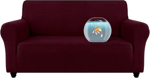 100% Waterproof Jacquard Fabric Couch Cover, Dual Layer with TPU Film, Leakproof High Elasticity Non-Slip Washable Furniture Protector for Pets, Dogs, Cats and Kids (Loveseat,Wine)