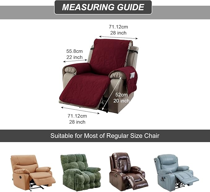 100% Waterproof Recliner Chair Cover, Recliner Chair Covers for Reclining Chair, Non-Slip Fabric Recliner Couch Cover for Living Room, for Pets Kids Protector, Washable (Wine Red, 28"Recliner Chair)