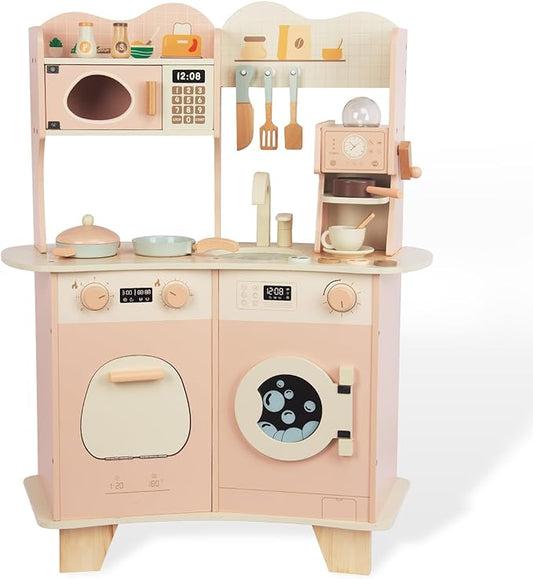 Wooden Kitchen Playset for Kids Ages 3-8, Pretend Play Kitchen for Toddlers with Realistic Design, Cooking Accessories, Coffee Maker, Oven, Microwave, Sink - Large