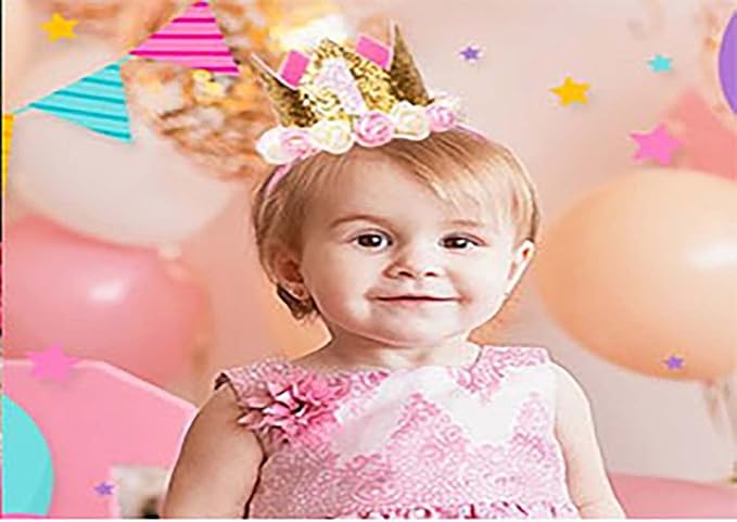 Baby's Rose Flowers Gold Sequins Birthday Crown Headband for Birthday