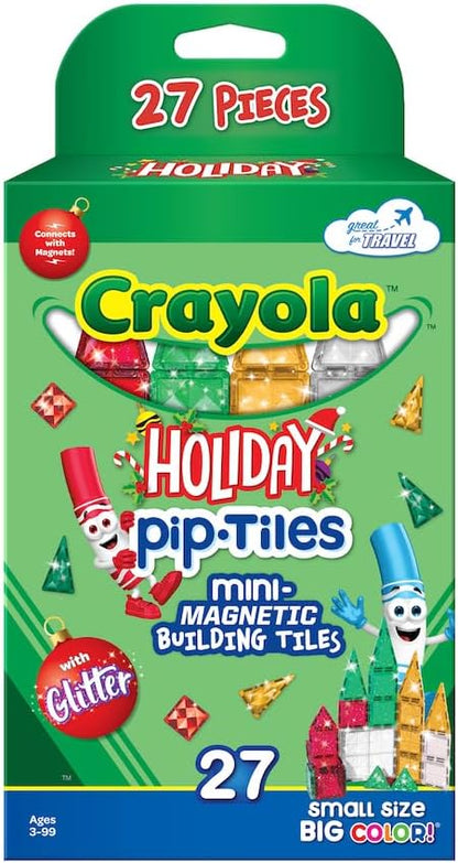 CreateOn Crayola Holiday Glitter Mini PIP Magnetic Tiles, Magnetic Kids’ Building Toys, STEM Learning Travel Toys for Boys and Girls, 27-Piece Set