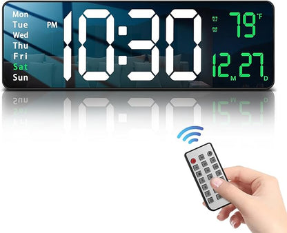 JoFomp Modern 16" Large Digital Wall Clock with Remote Control, LED Display, Auto-Dimming, Countdown, Temperature, Calendar - 12/24Hr Format - Silent Wall Clock for Home, Office, or Gym Use (Green)