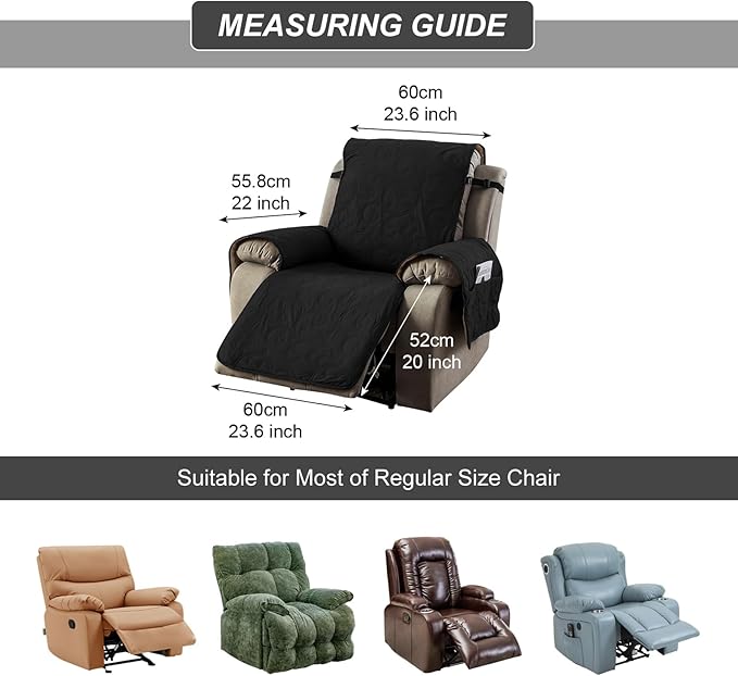 100% Waterproof Recliner Chair Cover, Recliner Chair Covers for Reclining Chair, Non-Slip Fabric Recliner Couch Cover for Living Room, for Pets Kids Protector, Washable (Black, 23"Recliner Chair)