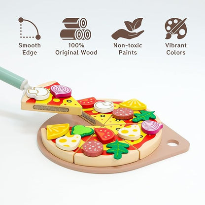 Wooden Pizza Toy Cutting Play Food，26Pcs Pizza Toys for Kids Ages 3-5，Kids Pizza Playset Pretend Play Kitchen Accessories，Play Pizza Set for Kids Wood Cooking Toys Birthday