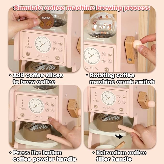 Wooden Play Kitchen for Kids Toddlers, Wooden Pretend Play Kitchen Set Toy with Washing Machine and Coffee Grinder, Toys Kitchen Gift for 3+ Year Old Kids, Girls & Boys