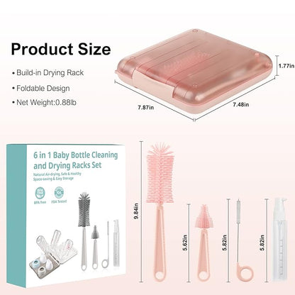 6 in 1 Baby Bottle Cleaner Set with Drying Rack,Silicone Baby Bottle Brush