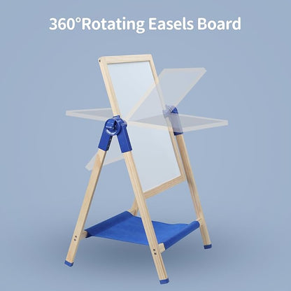 Toddler Easel, Kids Art Easel, Easel for Kids, Wooden Double-Sided Drawing Board, Adustable Art Table, Deluxe Standing Easel Set,360°Rotating Drawing Easels with Art Supplies,Age 3-5,4-8