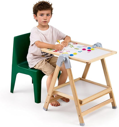 VEVOR Art Easel for Kids, 2-in-1 Wooden Double-Sided Kid's Art Easel with Magnetic Whiteboard & Chalkboard, Adjustable Standing Rotatable Foldable Drawing Board with Painting Accessories for Boy Girl
