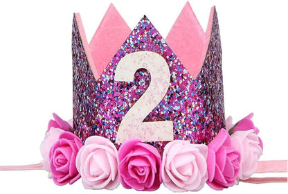 Baby's Rose Flowers Gold Sequins Birthday Crown Headband for Birthday