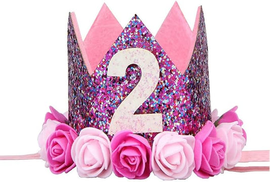Baby's Rose Flowers Gold Sequins Birthday Crown Headband for Birthday
