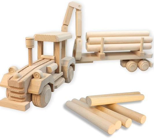 Wooden Logging Tractor Toy with Realistic Shape, Wooden Toy Truck with Trail & Cargo - Eco-Friendly Wood Toy for Kids Age 3 Years Old - Preschool Educational Game