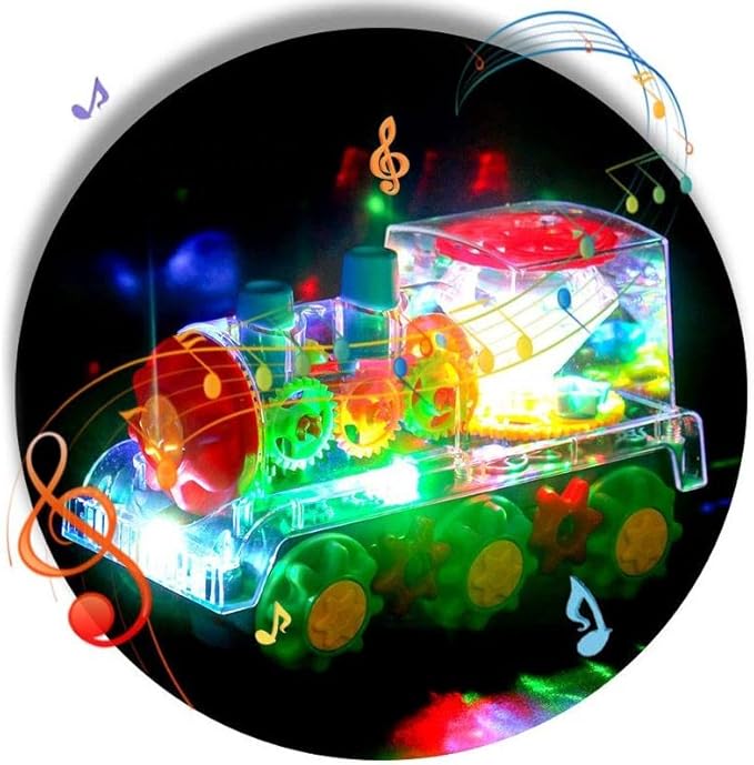 Nenekal Electric Transparent Gear Train Toy with Flashing Lights and Music, 360 Rotation 3+