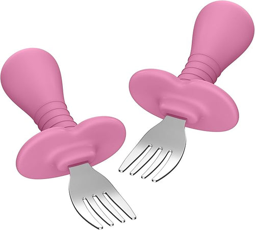 Baby Forks Toddler Forks for Self Feeding, Kids Forks with Silicone Round Handle, Stainless Steel Toddler Utensils Children Safe Silverware Set, Anti-Choke Design, BPA Free - Pink
