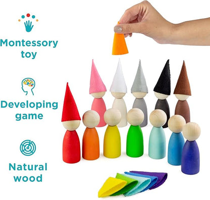 Ulanik Large Peg Dolls with Hats Toddler Montessori Toys for 3 Year Old + Kids Wooden Waldorf Dolls for Learning Color Sorting and Counting — 12 Gnomes, 3.35 in