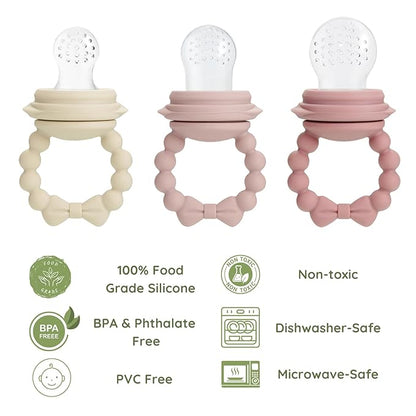PandaEar 3 Pack Baby Fruit Food Feeder Pacifier with 3 Different Size Silicone Pouch, Silicone Teethers for Babies 3-6-12 Months