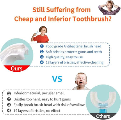 YOTEE U-Shaped Toothbrush Kids 2 PCS - Toddler Toothbrush with Food Grade Soft Silicone Brush Head, Manual Whole Mouth Toothbrush for Kids Age 6-12(Blue+Pink), 360° Oral Teeth Cleaning