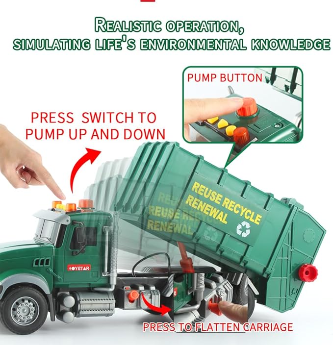 15" Garbage Truck Toy,Dump Friction Powered Waste Management Recycling Trash Truck with Lights &Sounds 3 Trash 3 +