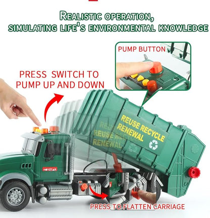 15" Garbage Truck Toy,Dump Friction Powered Waste Management Recycling Trash Truck with Lights &Sounds 3 Trash 3 +