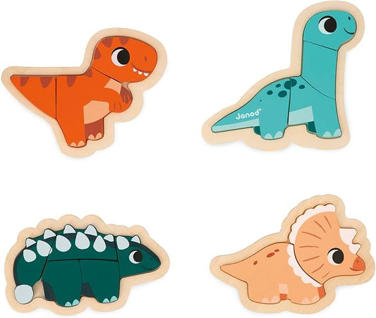 Janod 4 FSC Wood Dinosaur Progressive Puzzles-2 to 5 Pieces-Children’s Toys-Educational Games-Early-Years Toys-18 Months +, J05824, Multicolor